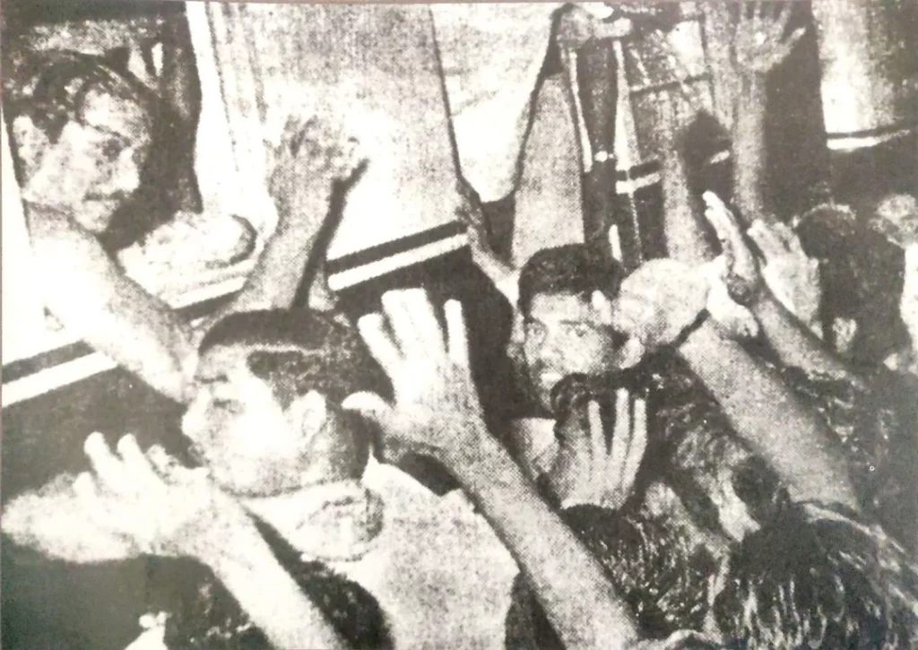 Sheikh Mujibur Rahman travelling in a mail train after securing bail from the Sylhet district court (April 23, 1966).